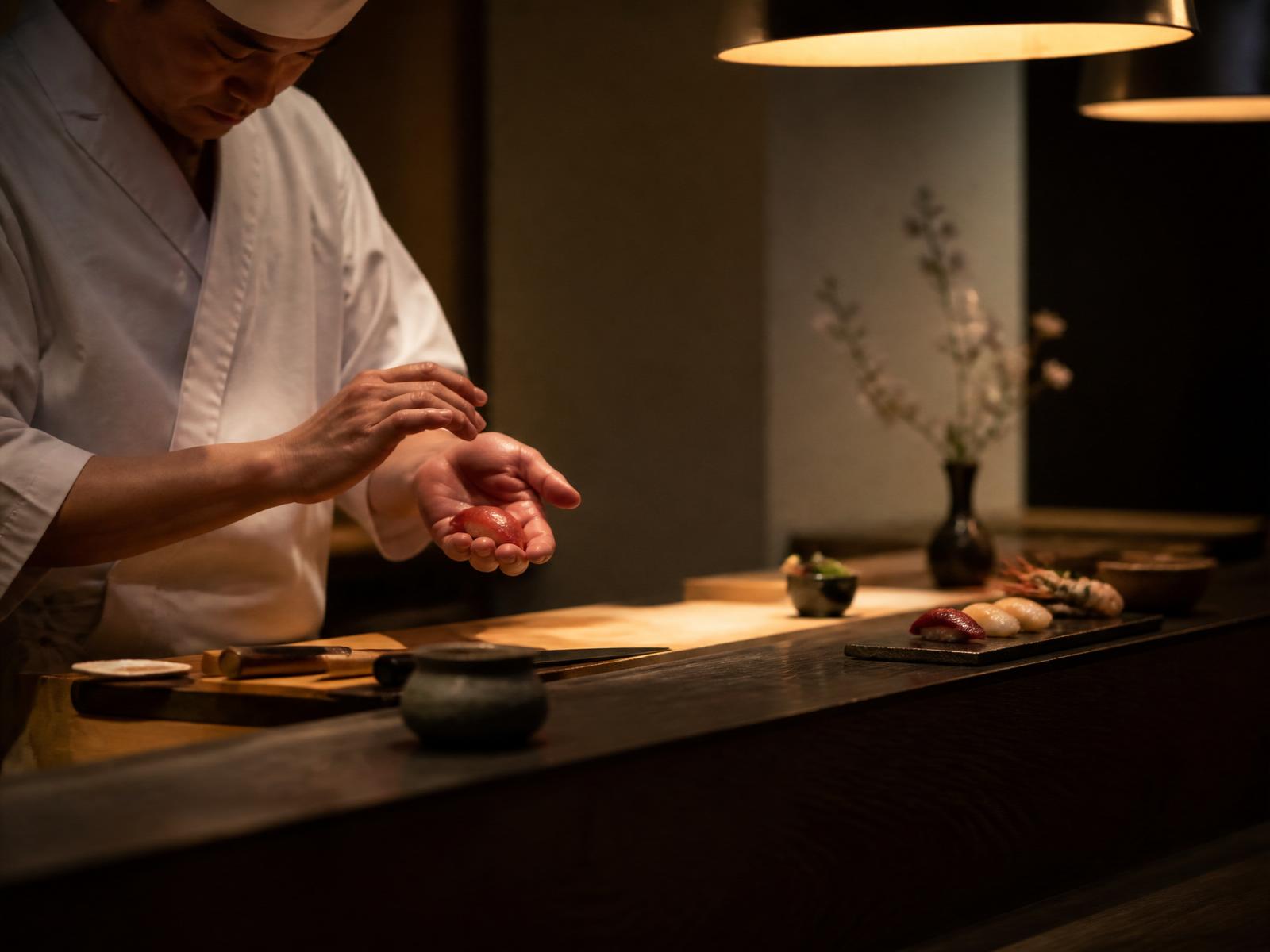 Chef preparing nigiri at the counter